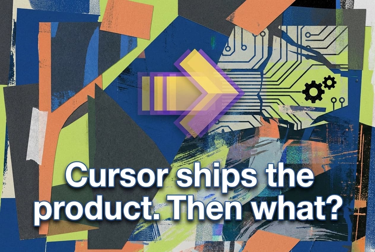Professional header image for industry analysis: Cursor ships the product. Then what?