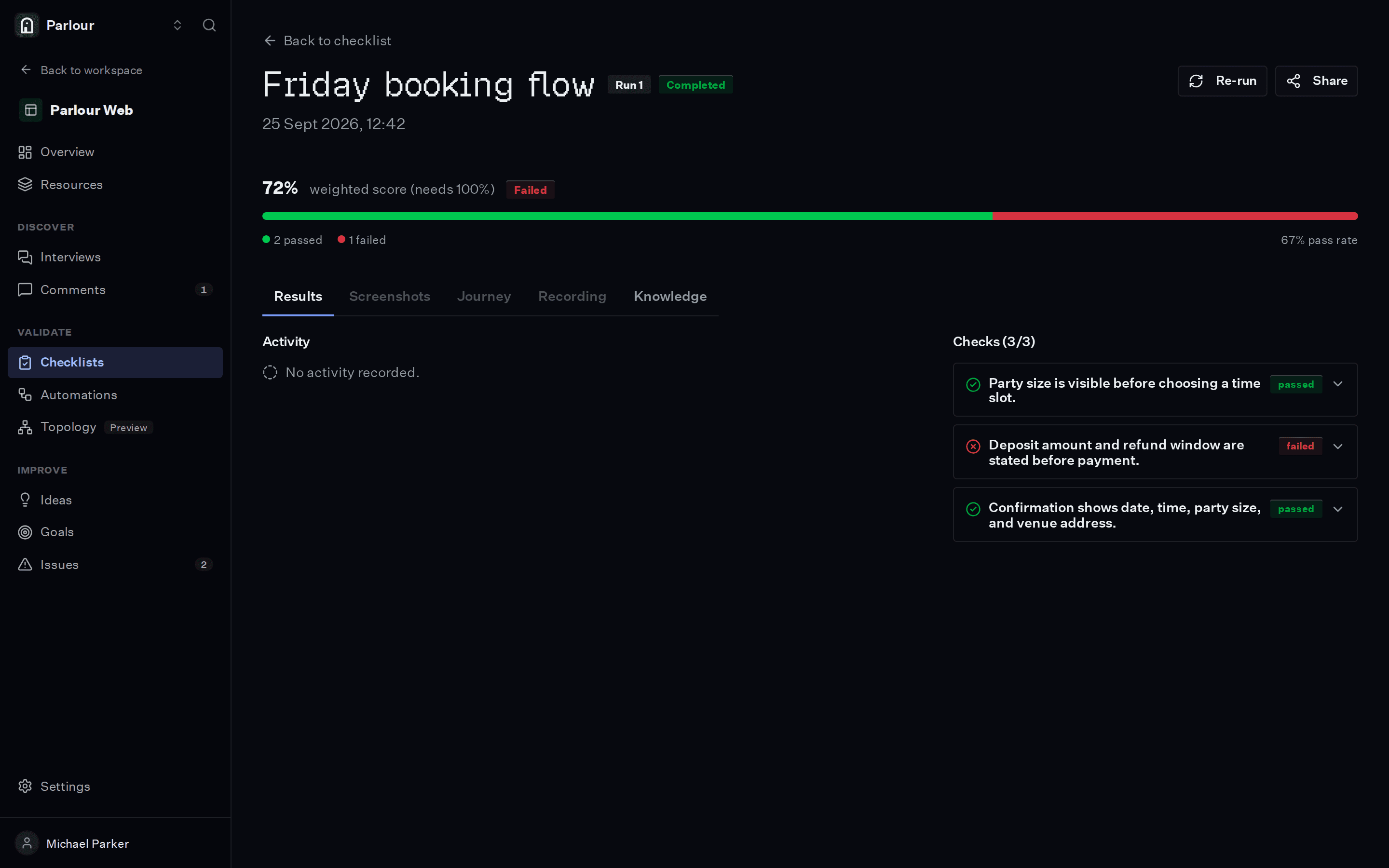 A checklist run for the Friday booking flow: a 72% weighted score, two checks passed and one failed, the failed check reading that the deposit amount and refund window are stated before payment.