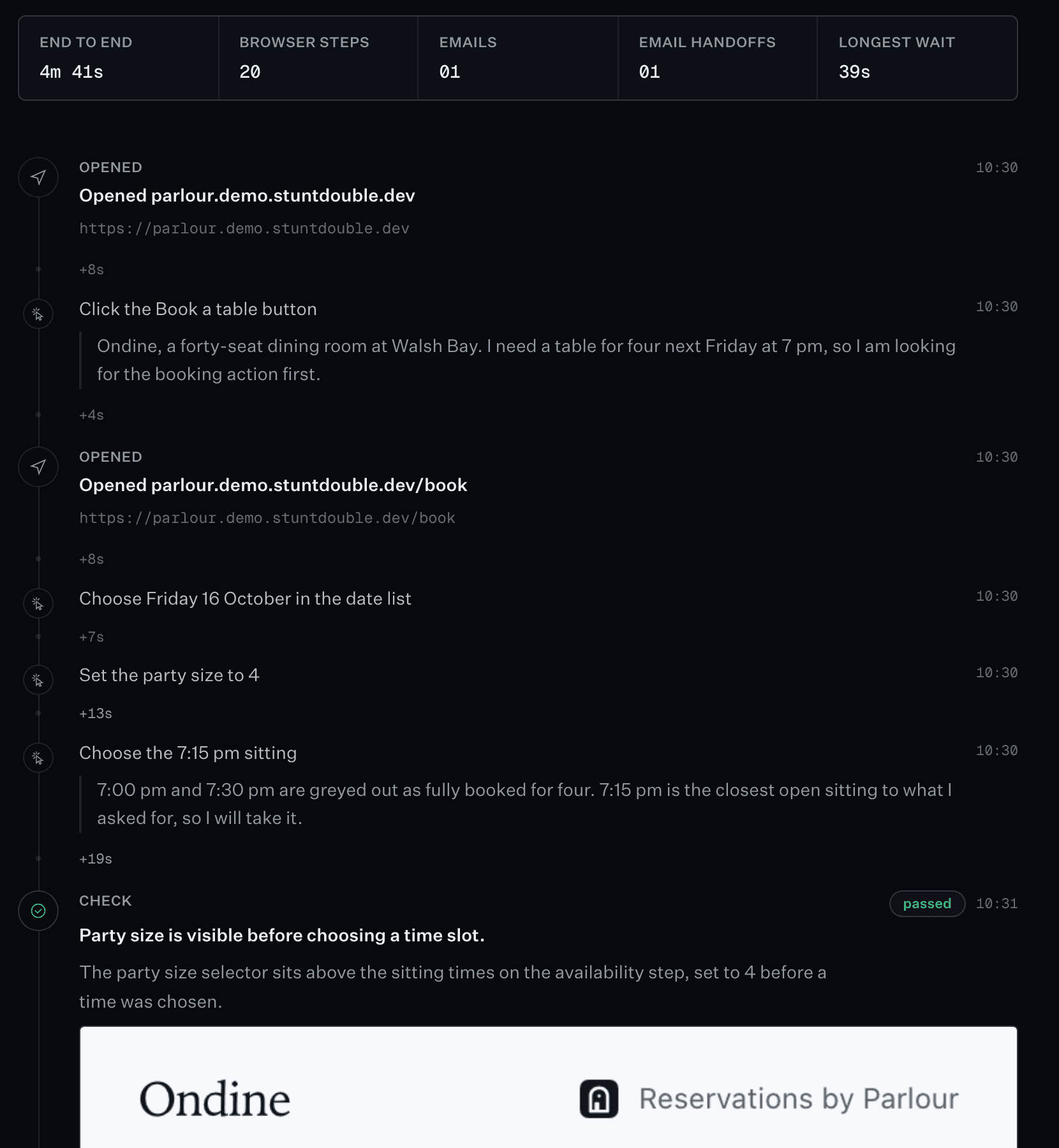 The run's journey: 4m 41s end to end, 20 browser steps and one email, then each page the first-time diner opened and each action, with its reasoning beside it.