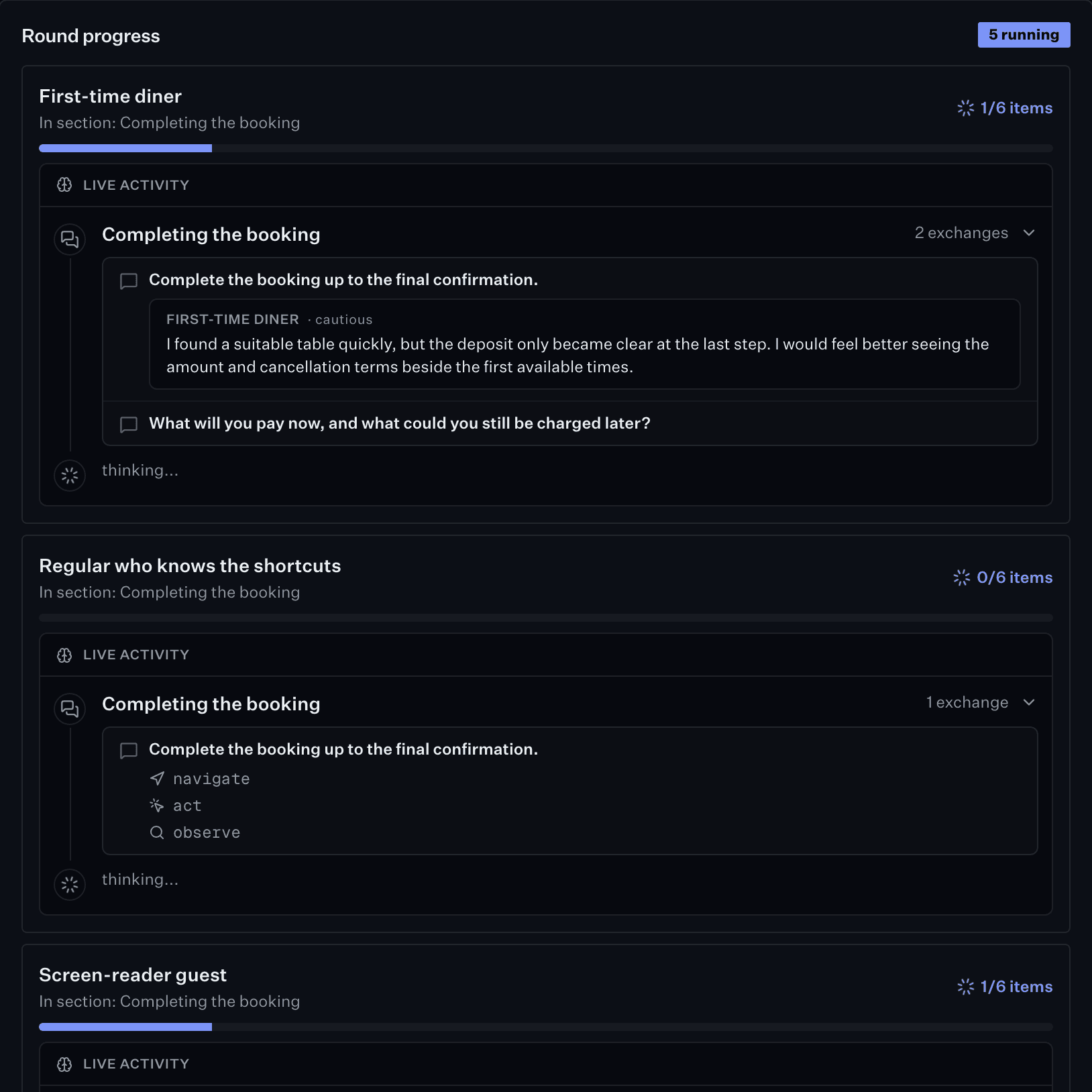 A round in progress: five participants running side by side, each with the guide question they are on, the browser actions they have taken and their answer so far.