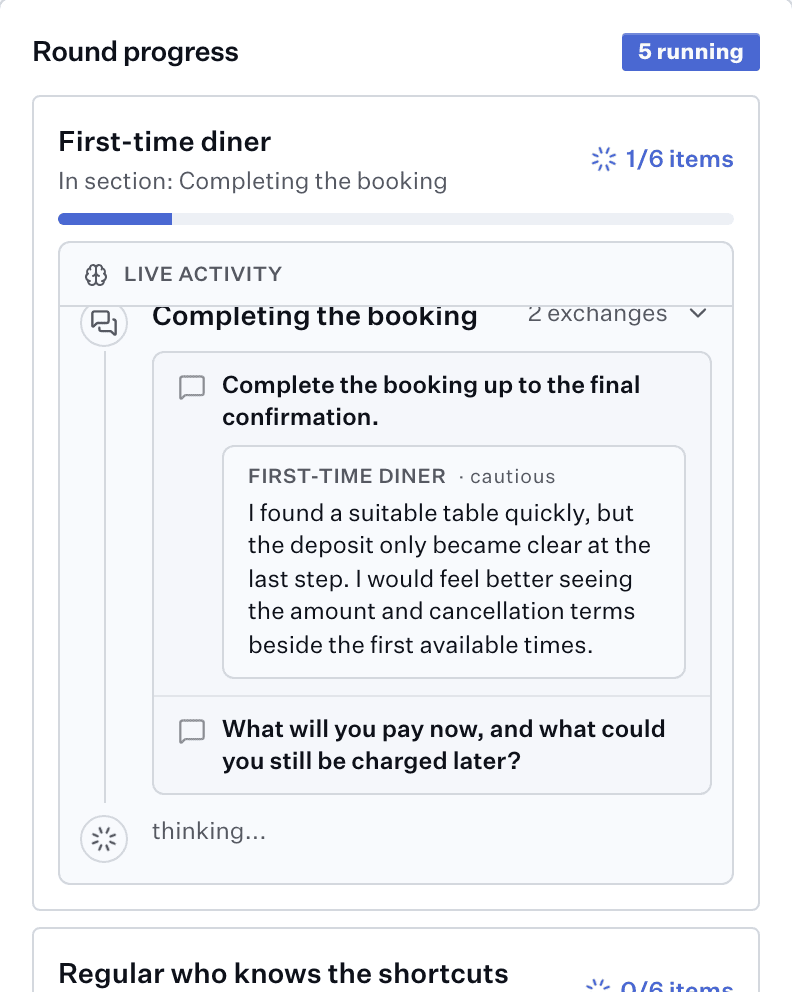 A round in progress on a phone: the first of five participants, with the guide question they are on and their answer so far.