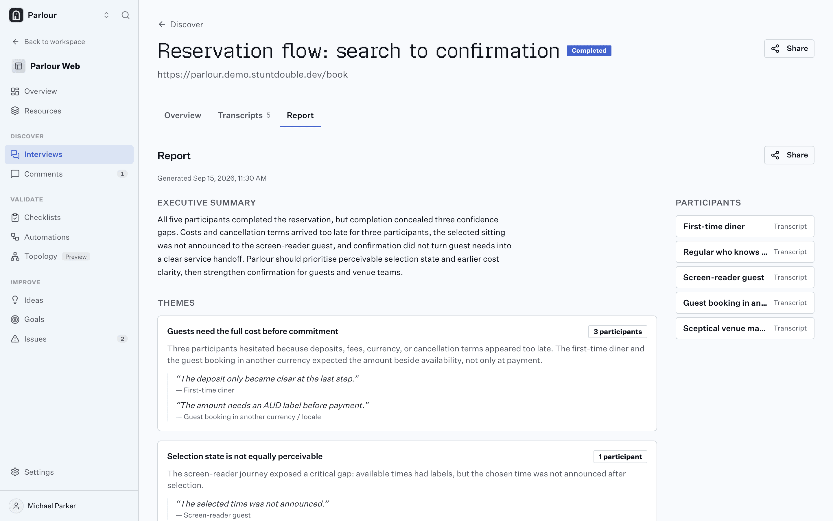 The synthesised report for a five-participant round: themes down the left, quotes and ranked recommendations beside them.