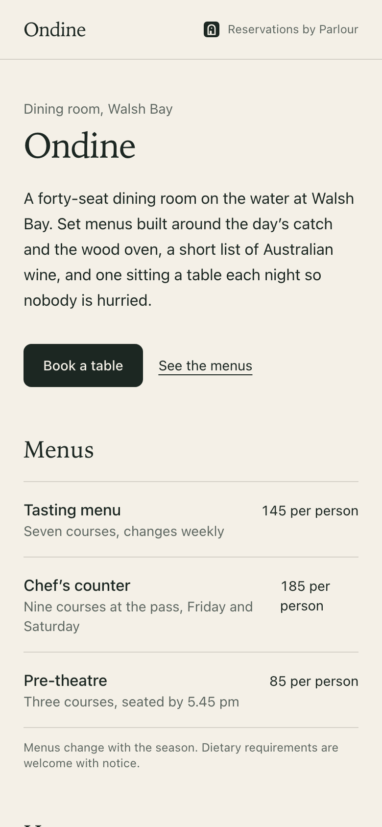Parlour on a phone: the venue page, with menus and hours.